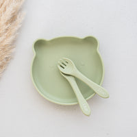 Silicone Bear Suction Plate with Cutlery Set | Sage