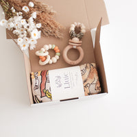 Savannah Baby Gift Bundle | Ring Pop Rattle in Leopard Cream | Trio Freezer Teether in Mango Tango | Savannah Baby Wrap Swaddle