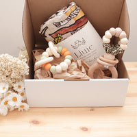 Savannah Baby Gift Bundle | Ring Pop Rattle in Leopard Cream | Trio Freezer Teether in Mango Tango | Savannah Baby Wrap Swaddle