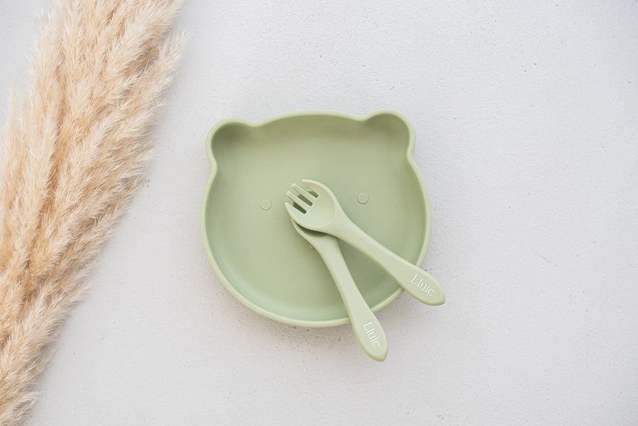 Silicone Bear Suction Plate with Cutlery Set | Sage