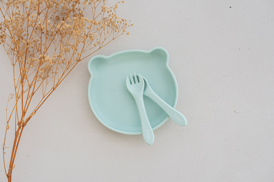 Silicone Bear Suction Plate with Cutlery Set | Seafoam