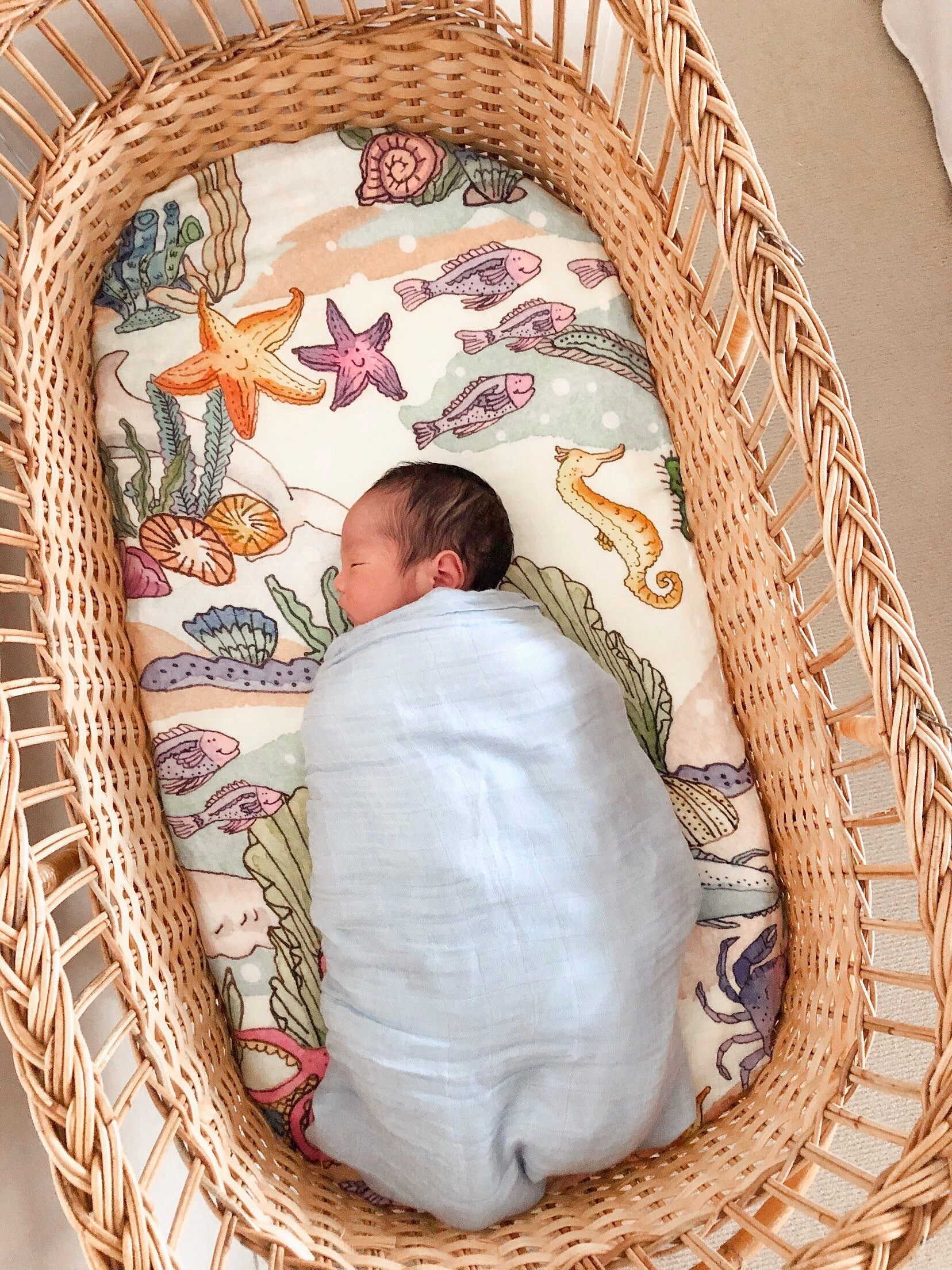 Cozy Voyage Muslin Swaddle – Beige Whale & Nautical Print Baby Blanket & Wrapping Shawl (30″×32″)